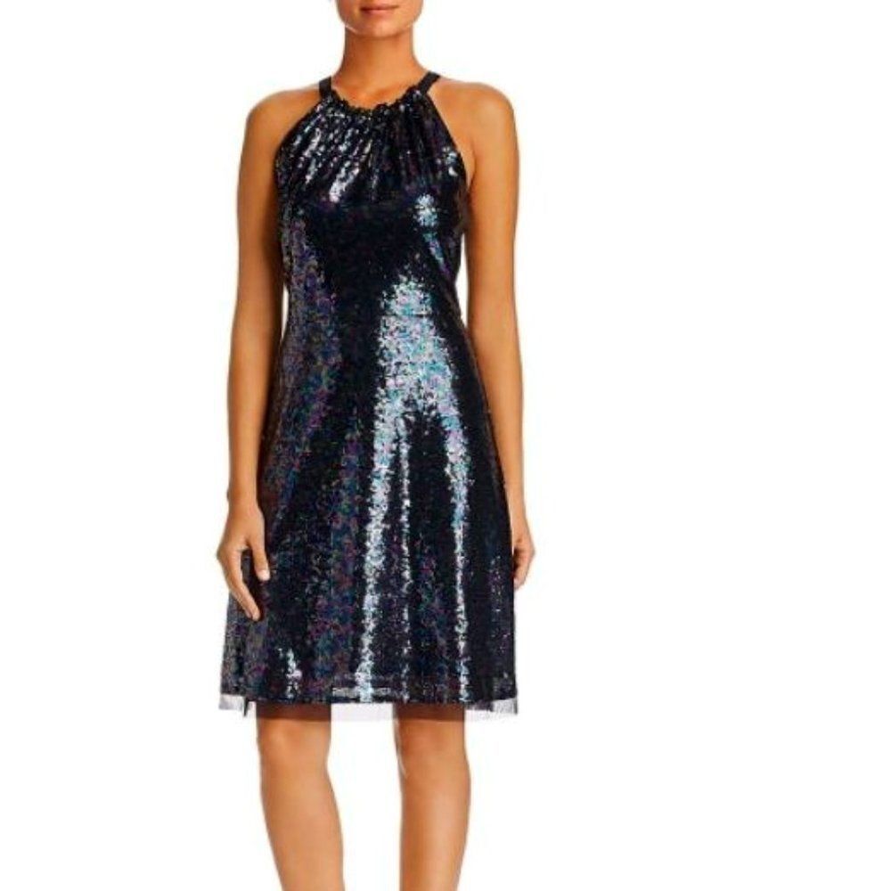LE GALI ROXANNE SEQUINED SLEEVELESS HALTER DRESS